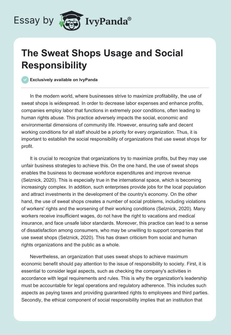 The Sweat Shops Usage and Social Responsibility. Page 1