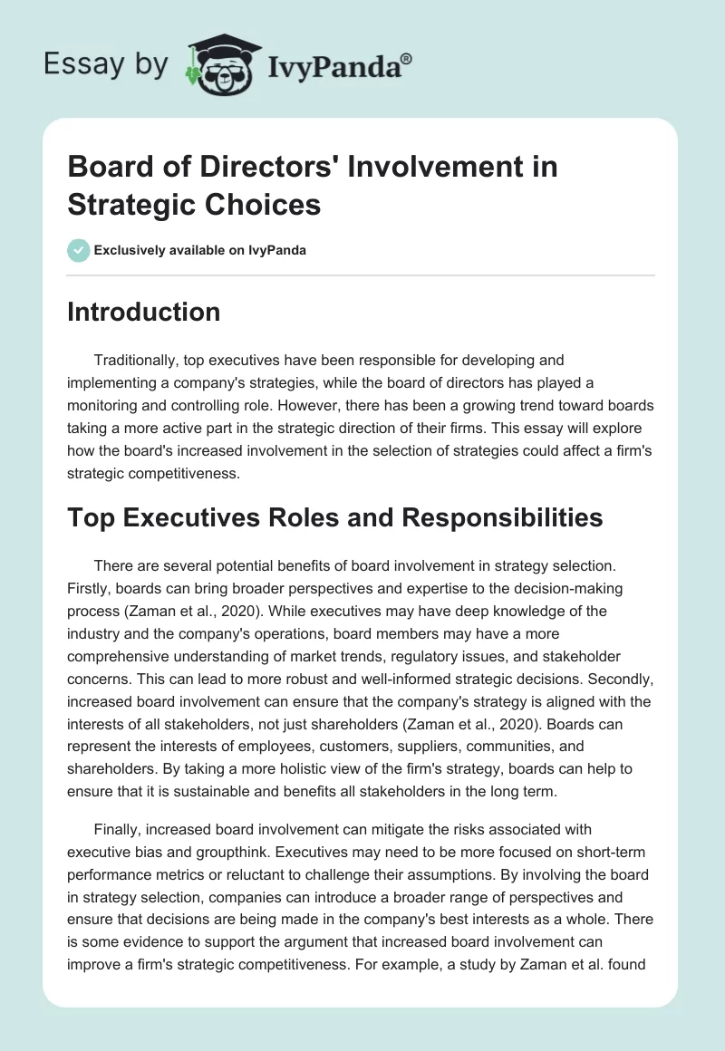 Board of Directors' Involvement in Strategic Choices. Page 1