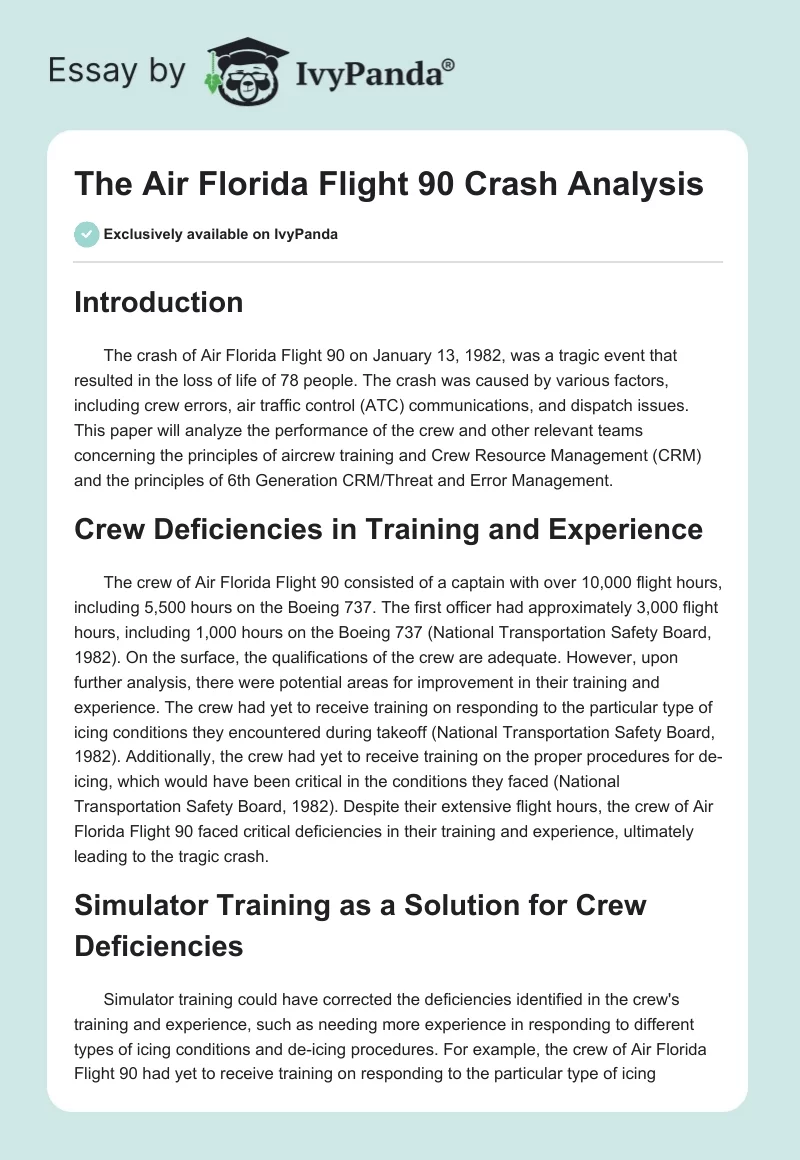 The Air Florida Flight 90 Crash Analysis. Page 1