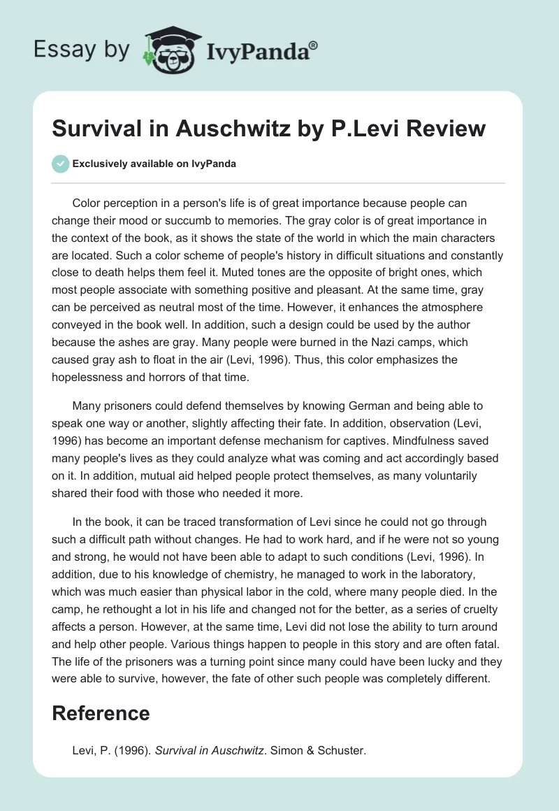 "Survival in Auschwitz" by P.Levi Review. Page 1
