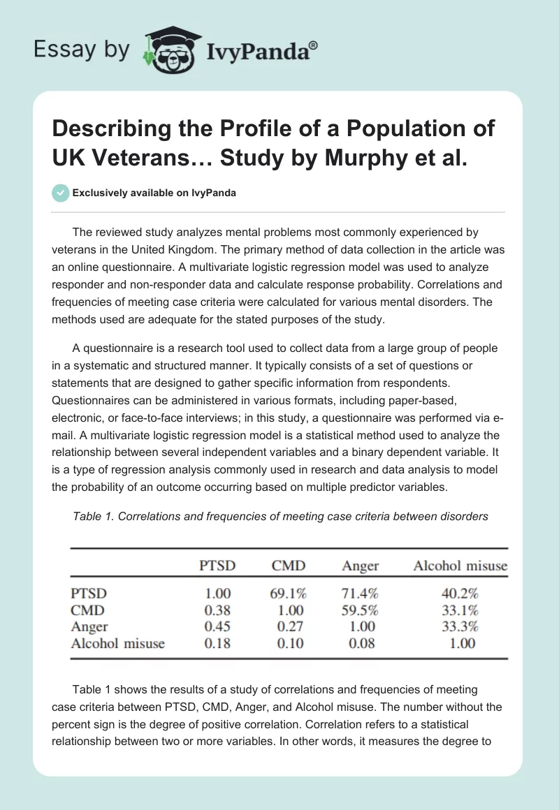 "Describing the Profile of a Population of UK Veterans…" Study by Murphy et al.. Page 1