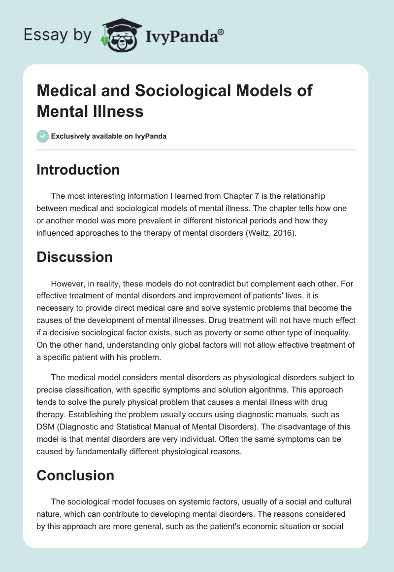 Medical and Sociological Models of Mental Illness. Page 1