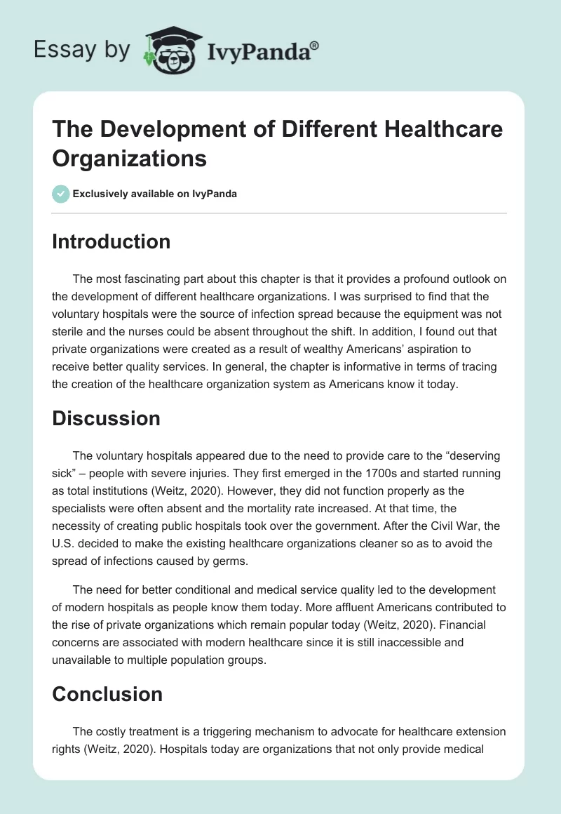 The Development of Different Healthcare Organizations. Page 1