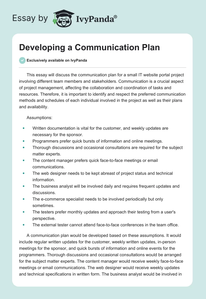 Developing a Communication Plan. Page 1