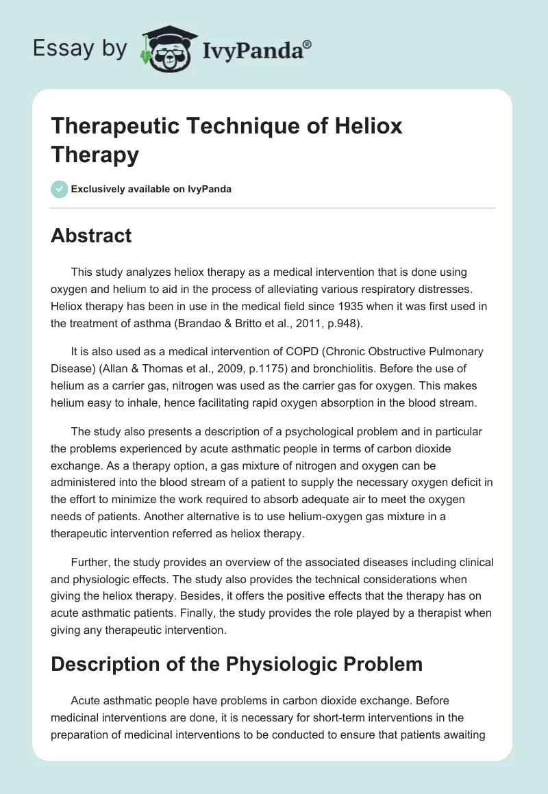 Therapeutic Technique of Heliox Therapy. Page 1