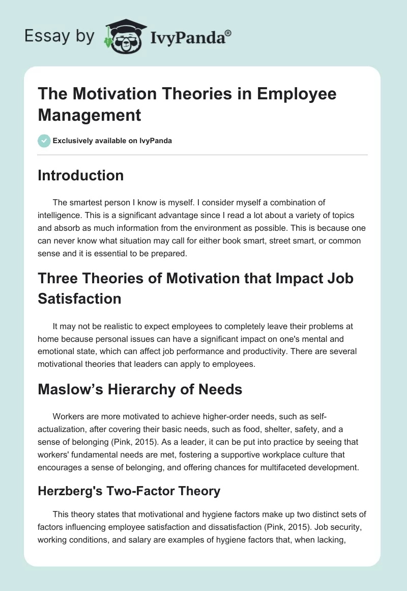 The Motivation Theories in Employee Management. Page 1