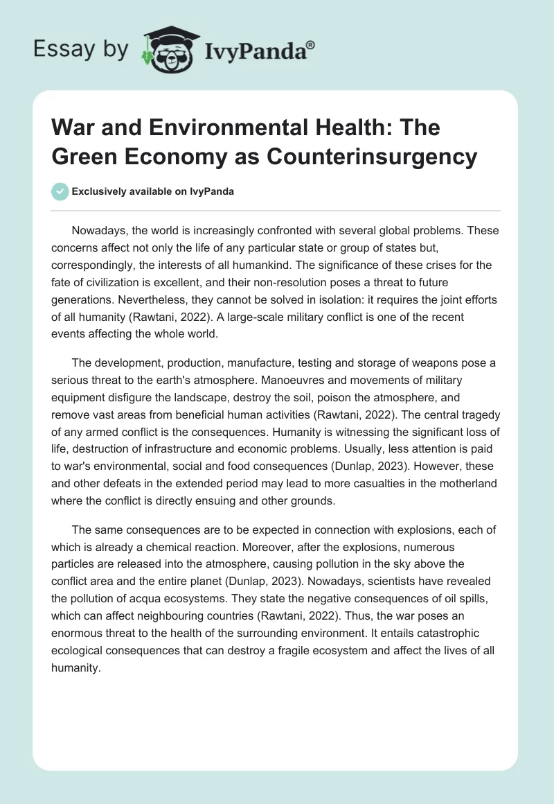 War and Environmental Health: The Green Economy as Counterinsurgency. Page 1