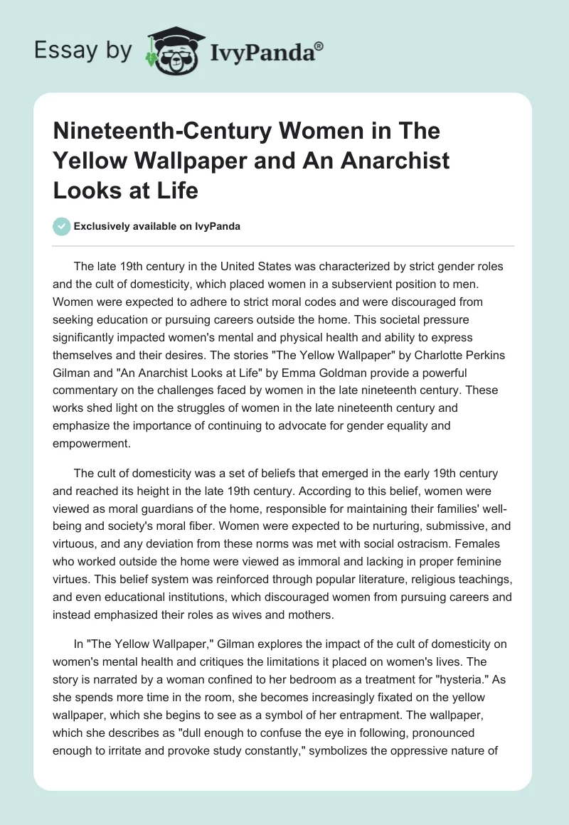 Nineteenth-Century Women in "The Yellow Wallpaper" and "An Anarchist Looks at Life". Page 1