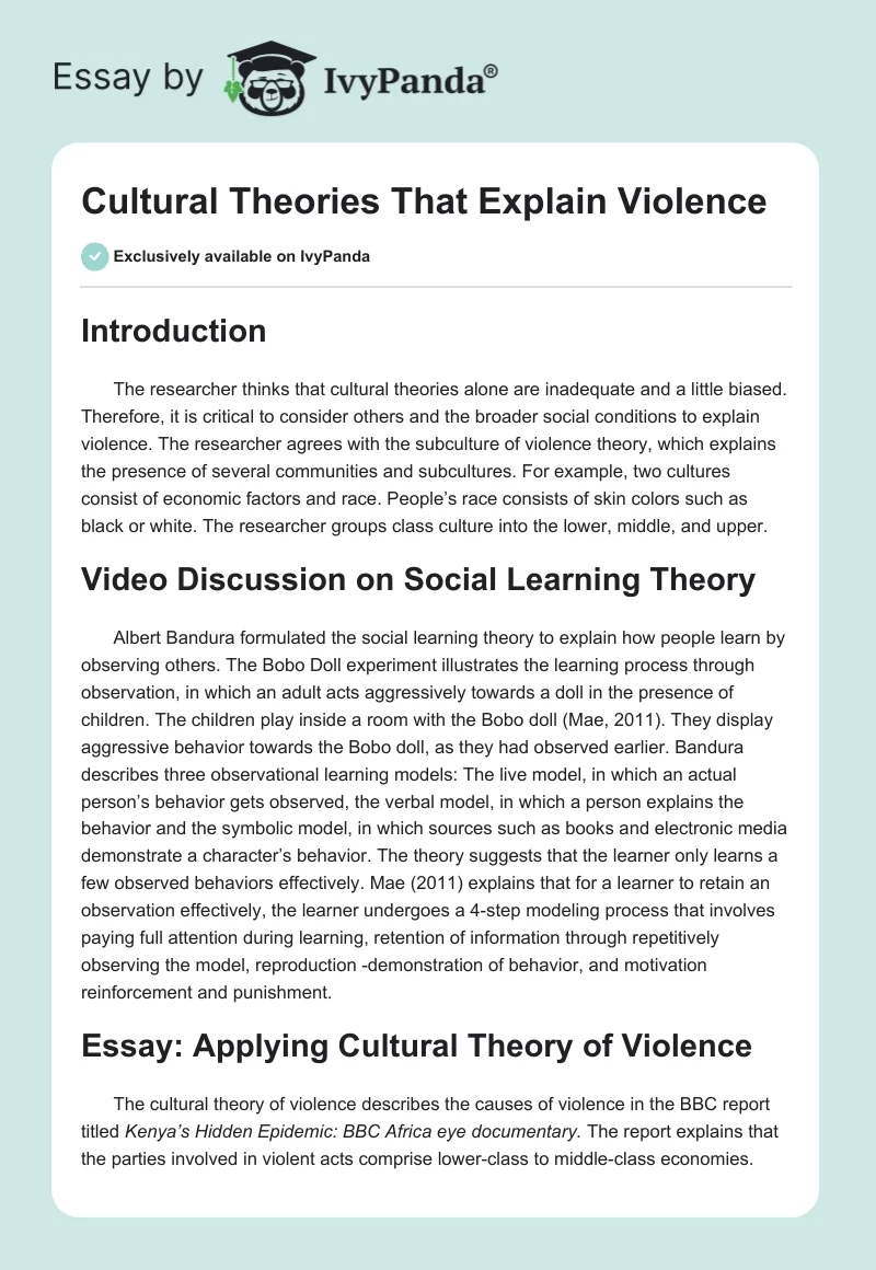 Cultural Theories That Explain Violence. Page 1