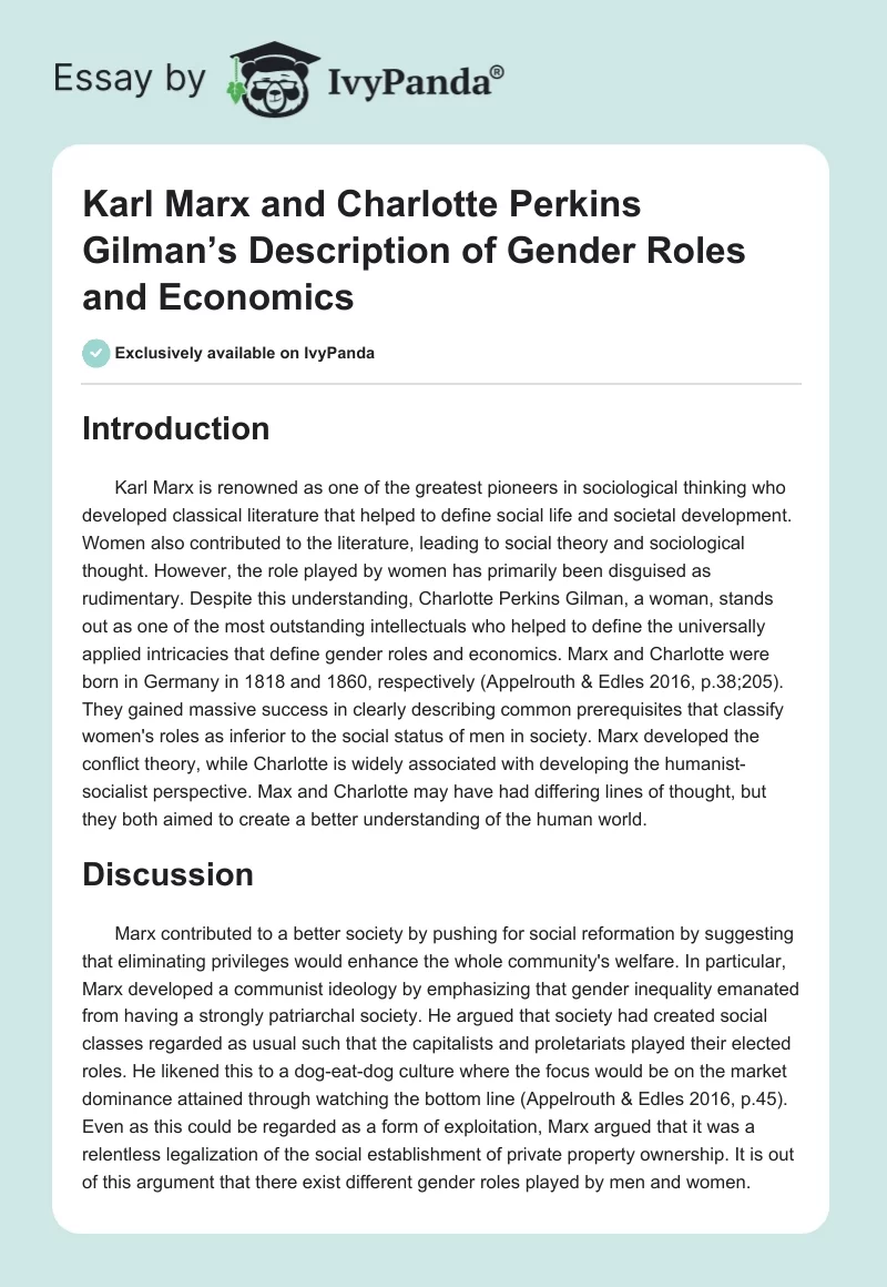 Karl Marx and Charlotte Perkins Gilman’s Description of Gender Roles and Economics. Page 1