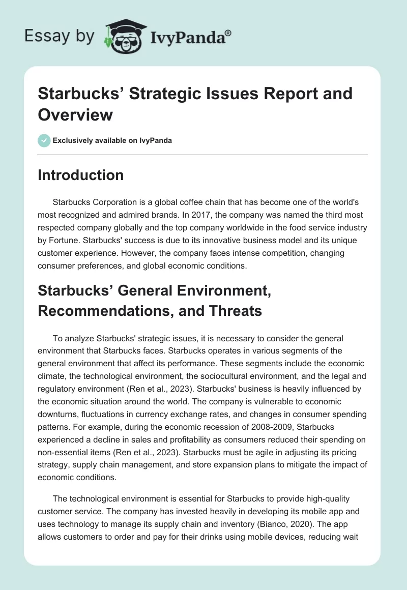 Starbucks’ Strategic Issues Report and Overview. Page 1