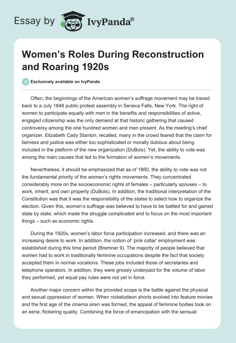 Women’s Roles During Reconstruction and Roaring 1920s. Page 1