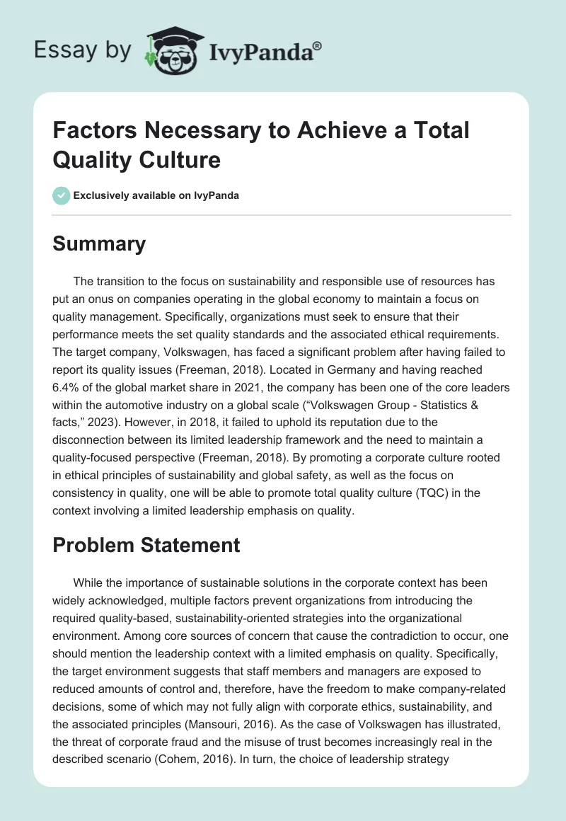 Factors Necessary to Achieve a Total Quality Culture. Page 1