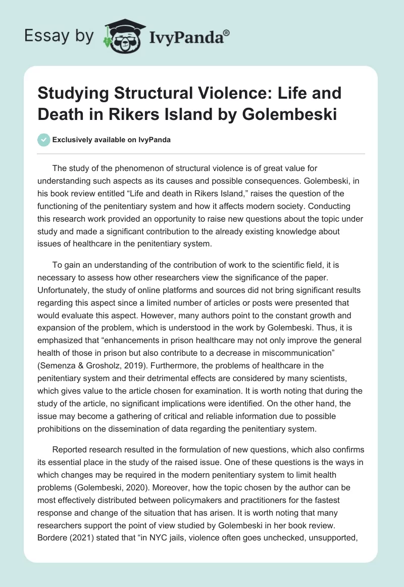 Studying Structural Violence: "Life and Death in Rikers Island" by Golembeski. Page 1