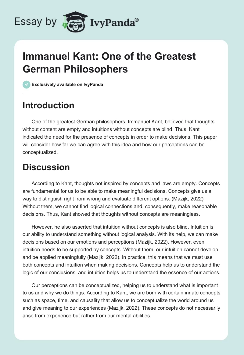 Immanuel Kant: One of the Greatest German Philosophers. Page 1