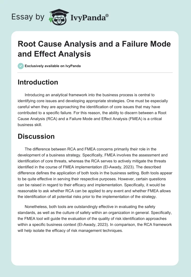 Root Cause Analysis and a Failure Mode and Effect Analysis. Page 1