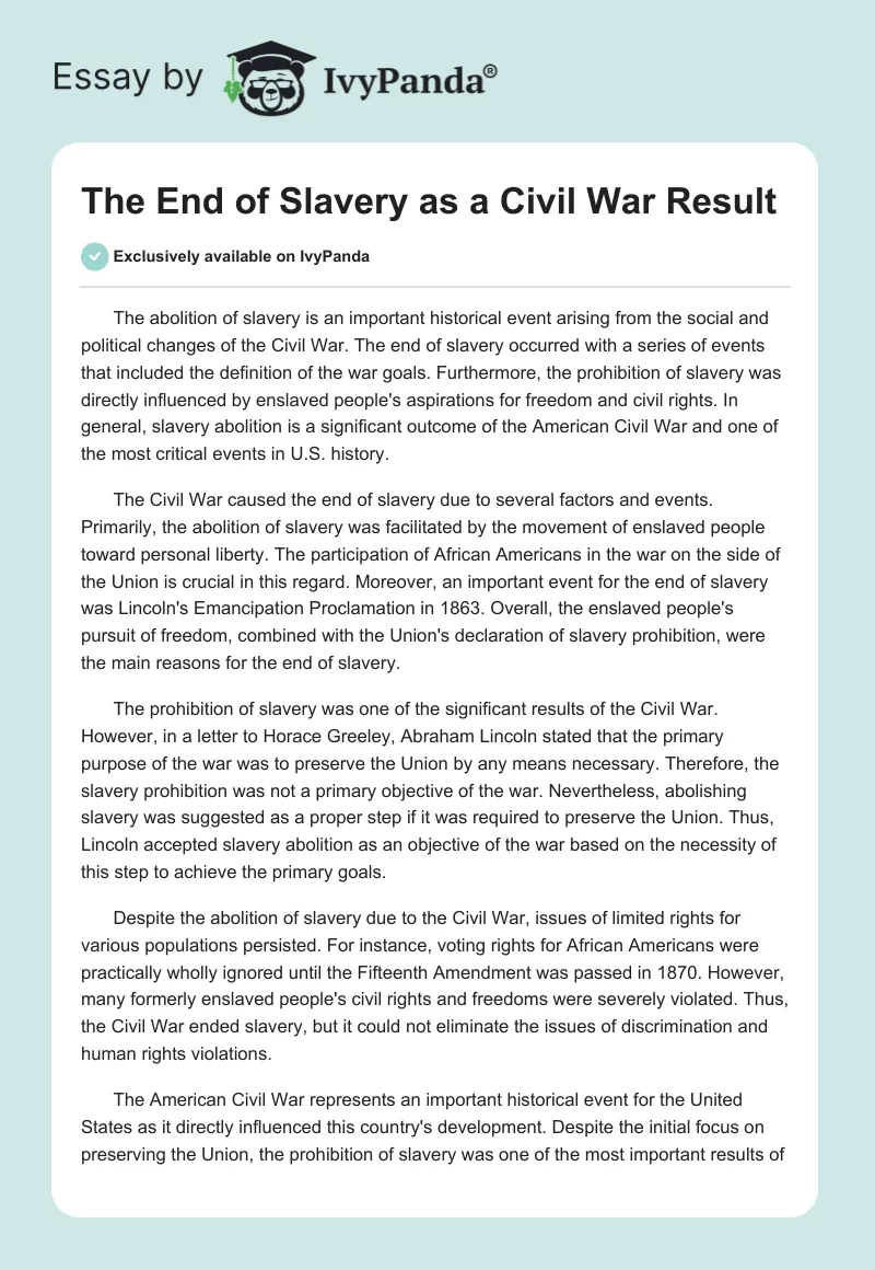 The End of Slavery as a Civil War Result. Page 1