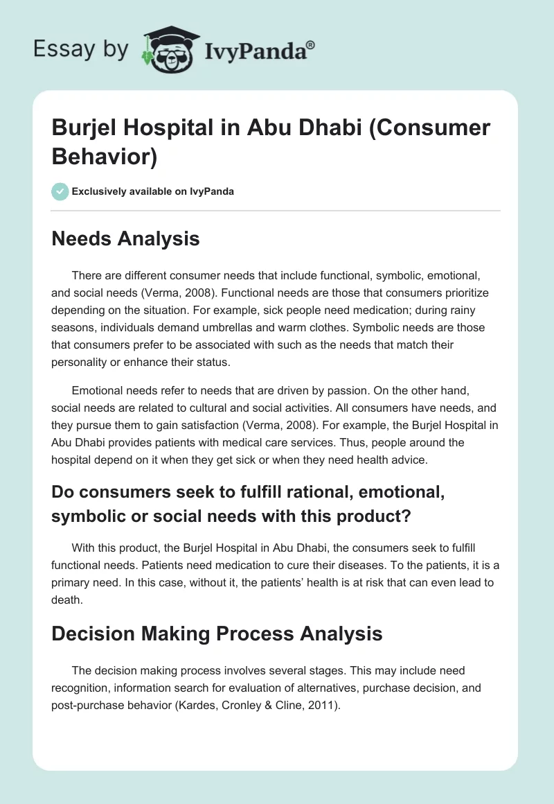 Burjel Hospital in Abu Dhabi (Consumer Behavior). Page 1