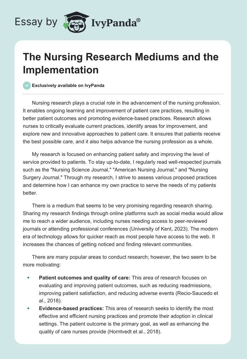 The Nursing Research Mediums and the Implementation. Page 1