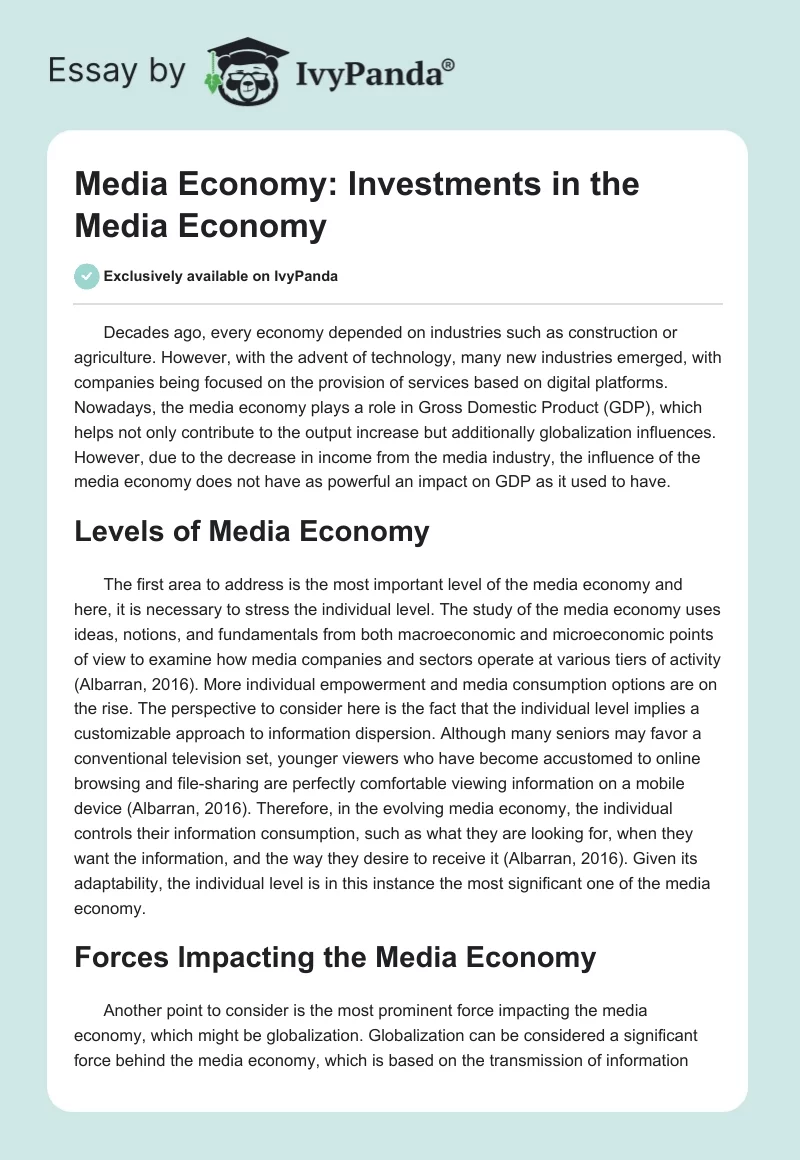 Media Economy: Investments in the Media Economy. Page 1