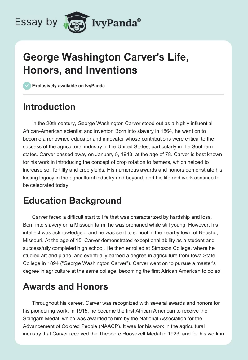 George Washington Carver's Life, Honors, and Inventions. Page 1