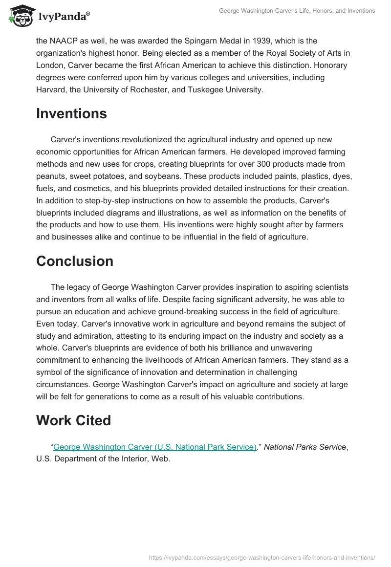George Washington Carver's Life, Honors, and Inventions. Page 2