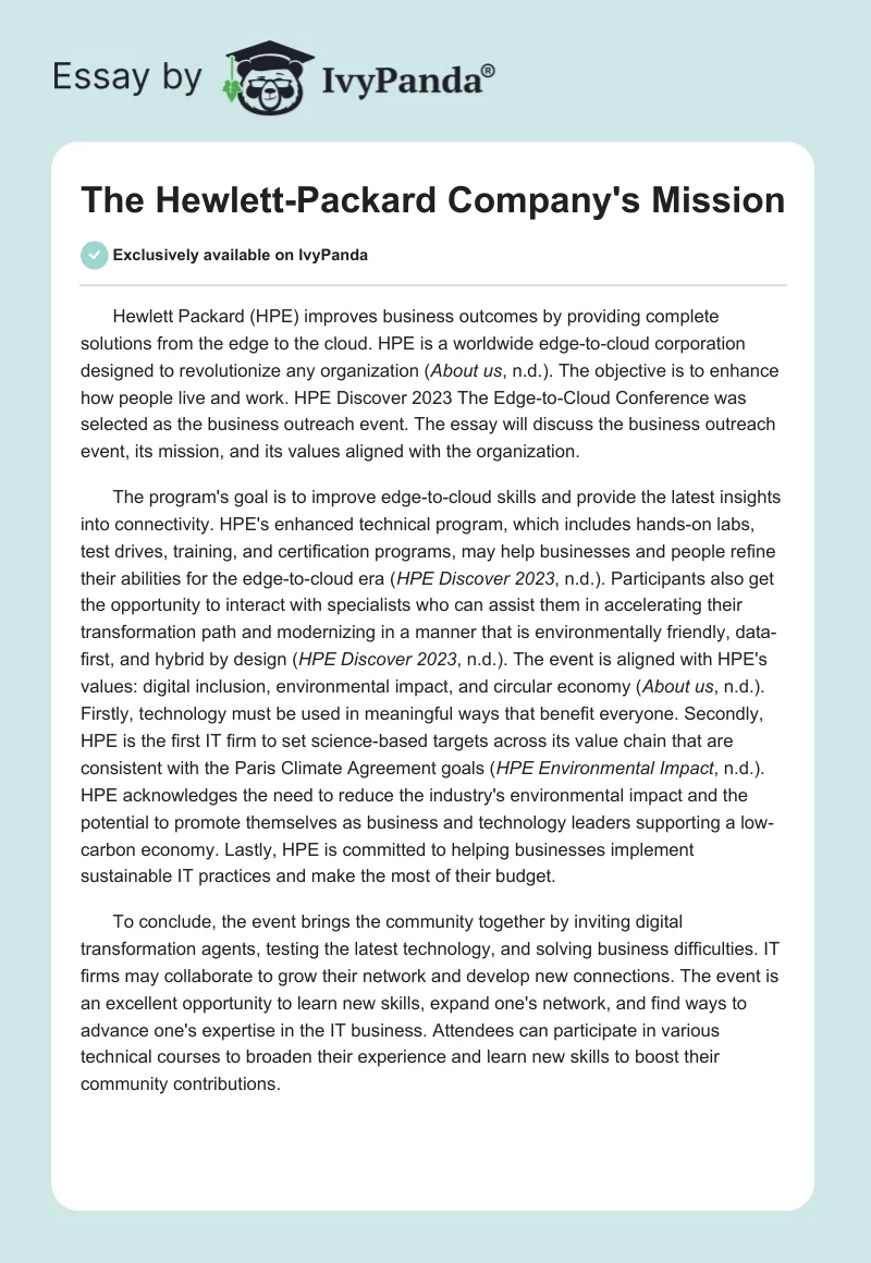 The Hewlett-Packard Company's Mission. Page 1
