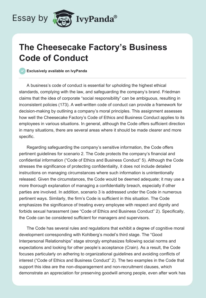 The Cheesecake Factory’s Business Code of Conduct. Page 1