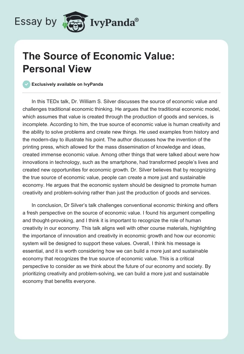 The Source of Economic Value: Personal View. Page 1
