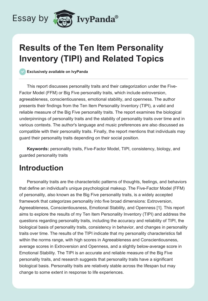 Results of the Ten Item Personality Inventory (TIPI) and Related Topics. Page 1