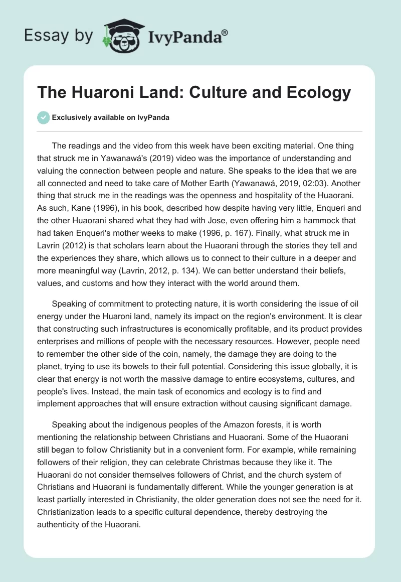 The Huaroni Land: Culture and Ecology. Page 1