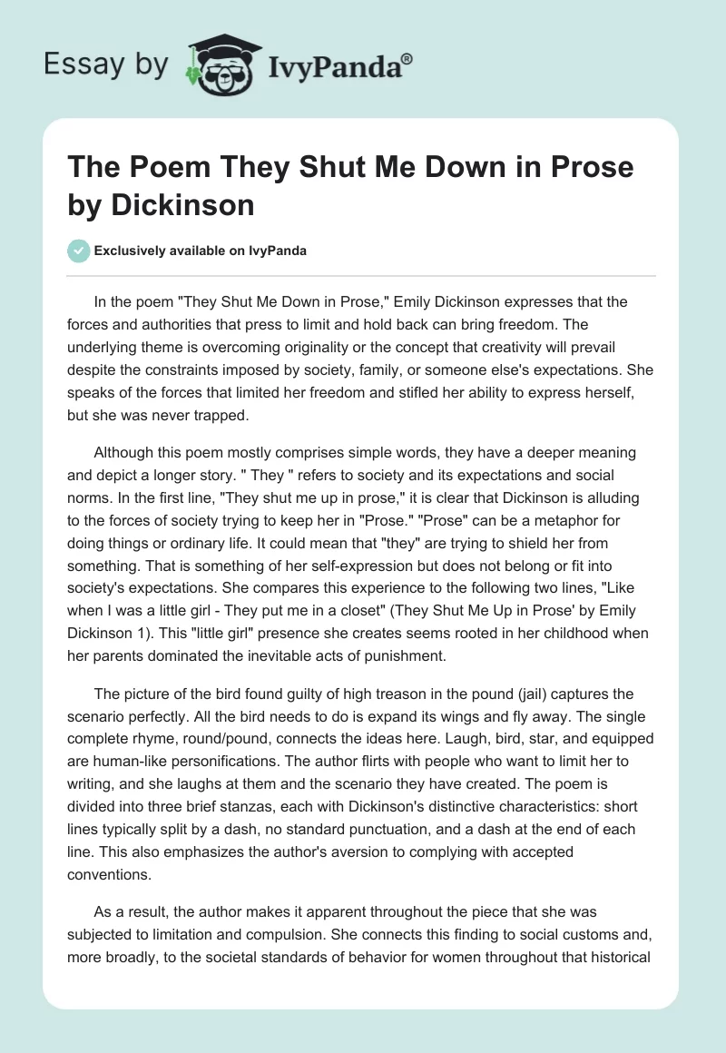 The Poem "They Shut Me Down in Prose" by Dickinson. Page 1