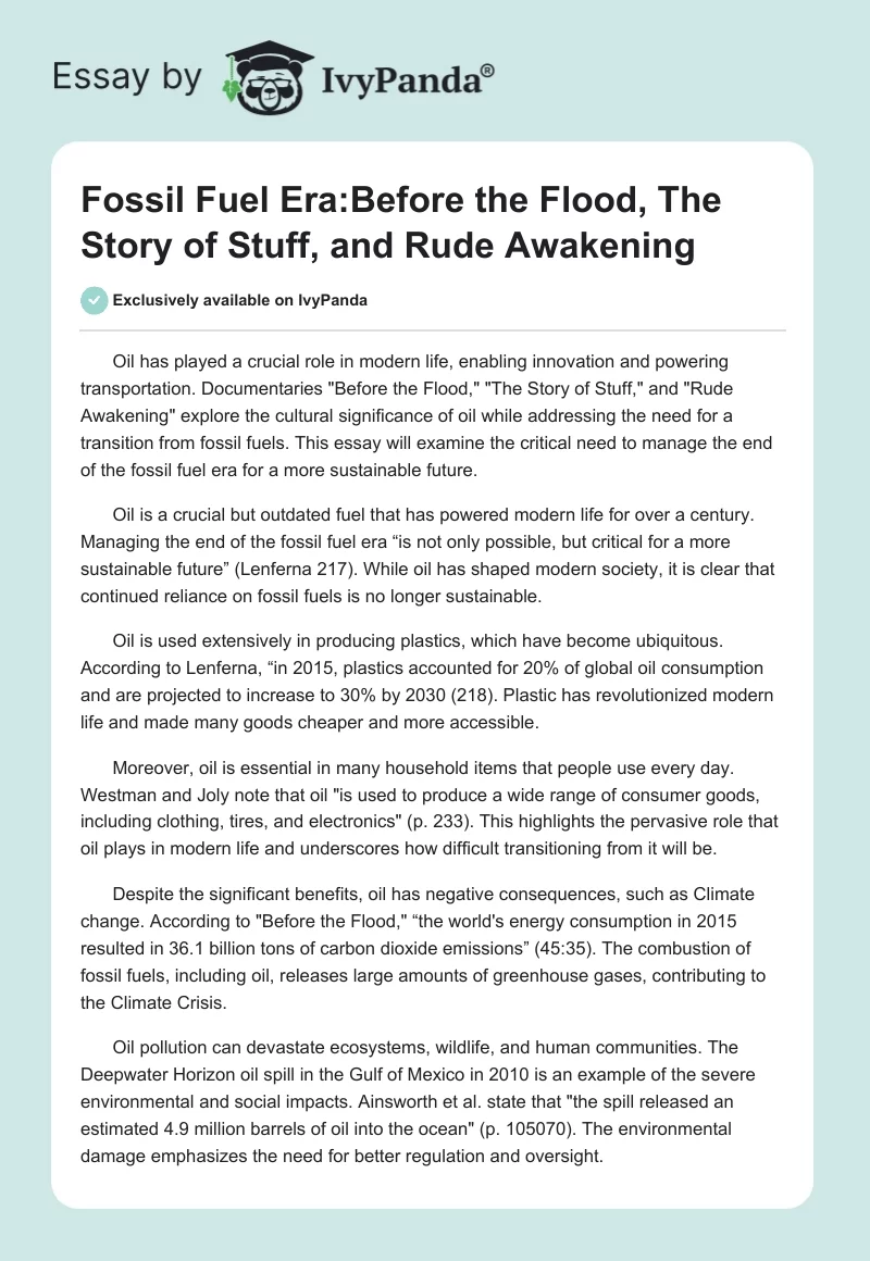 Fossil Fuel Era:"Before the Flood," "The Story of Stuff," and "Rude Awakening". Page 1
