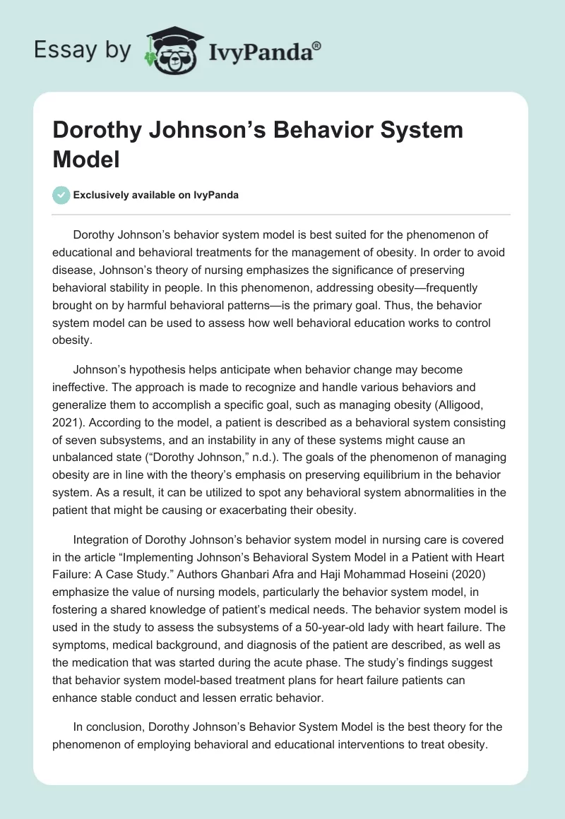 Dorothy Johnson’s Behavior System Model. Page 1