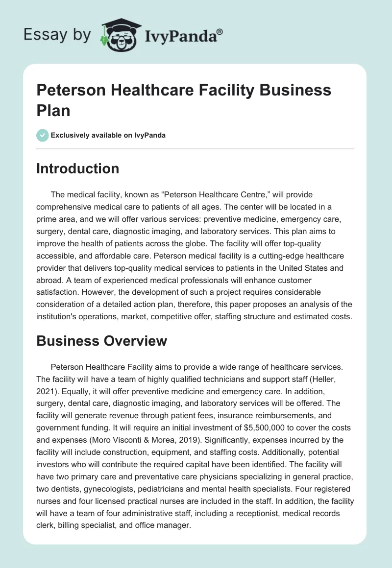 Peterson Healthcare Facility Business Plan. Page 1