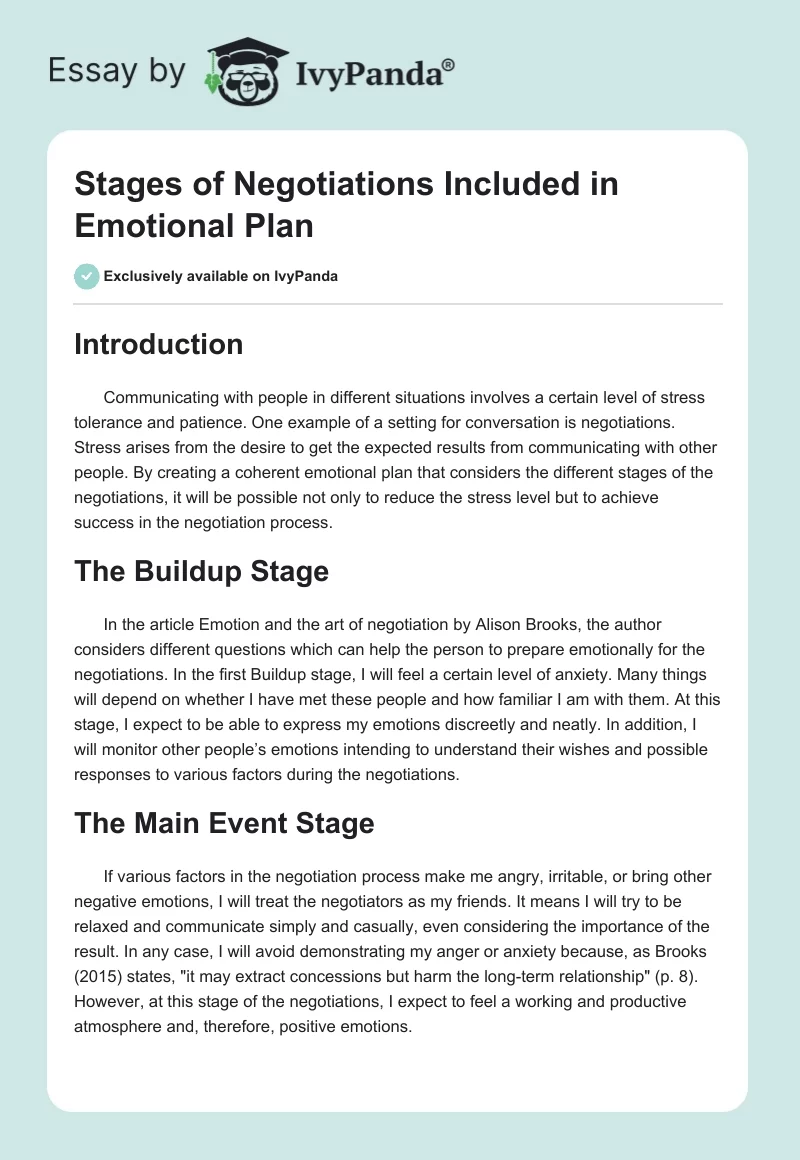Stages of Negotiations Included in Emotional Plan. Page 1