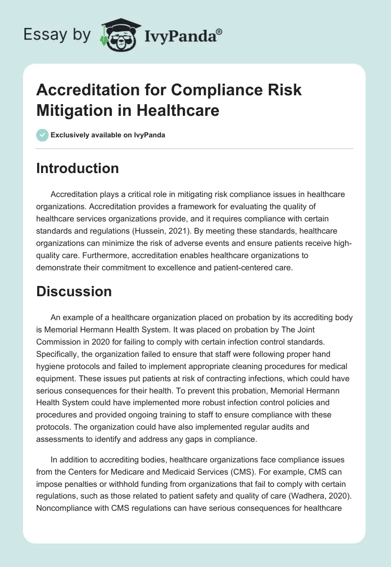 Accreditation for Compliance Risk Mitigation in Healthcare. Page 1