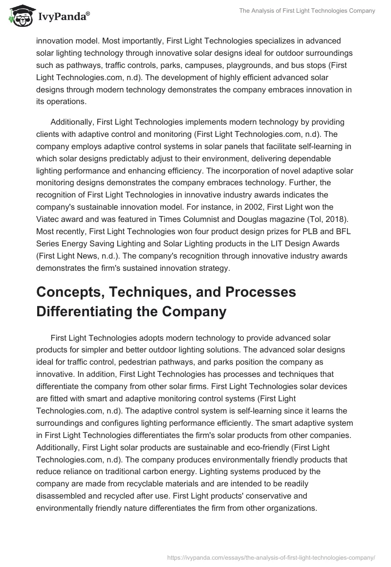 The Analysis of First Light Technologies Company. Page 2