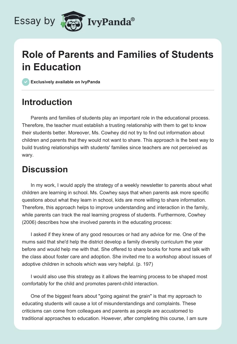 Role of Parents and Families of Students in Education. Page 1