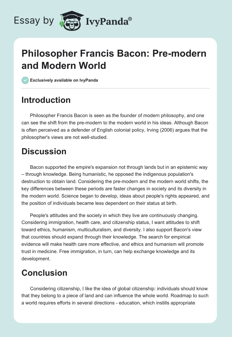 Philosopher Francis Bacon: Pre-modern and Modern World. Page 1