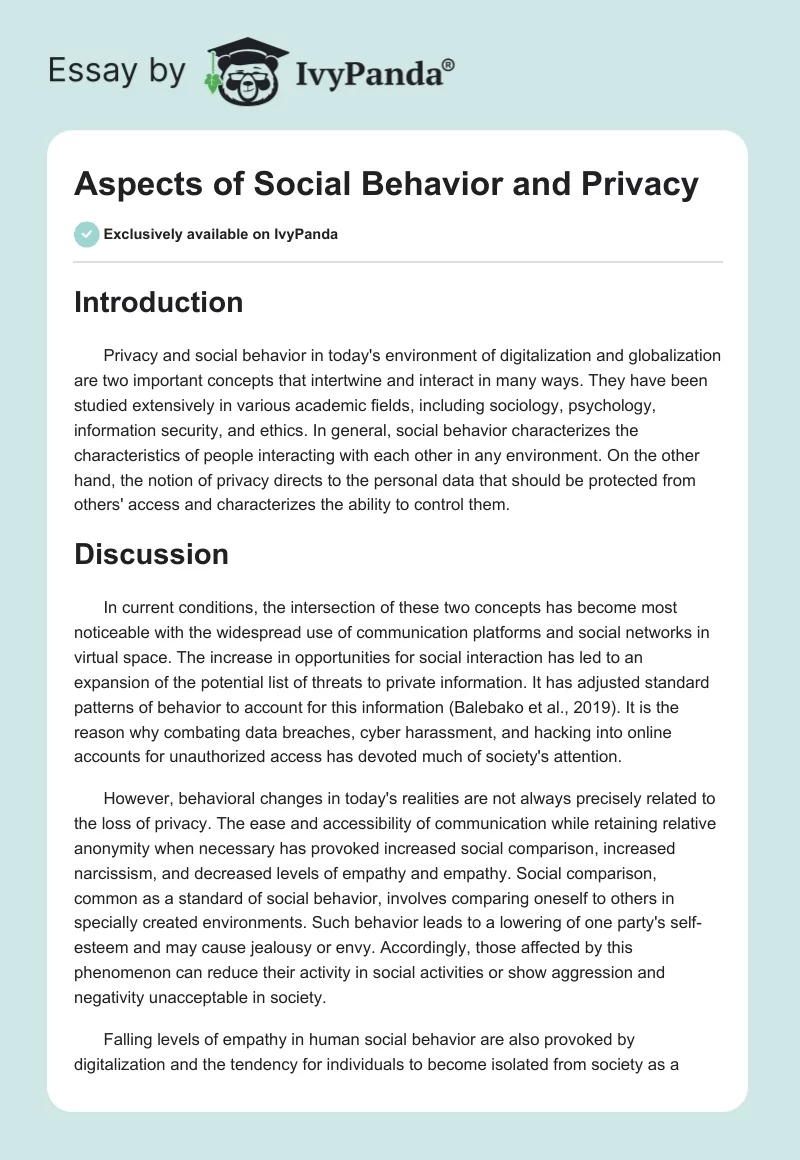 Aspects of Social Behavior and Privacy. Page 1