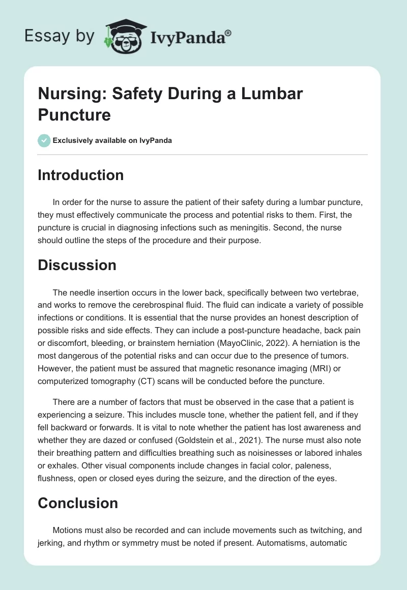 Nursing: Safety During a Lumbar Puncture. Page 1