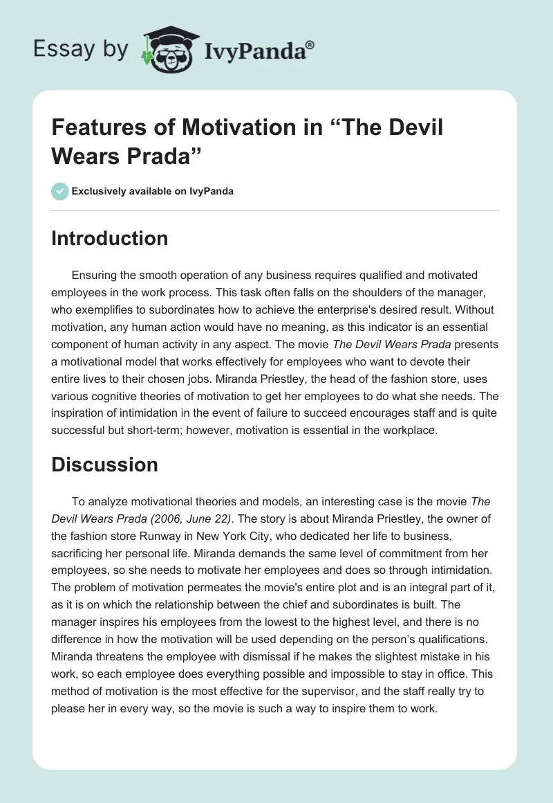 Features of Motivation in “The Devil Wears Prada”. Page 1