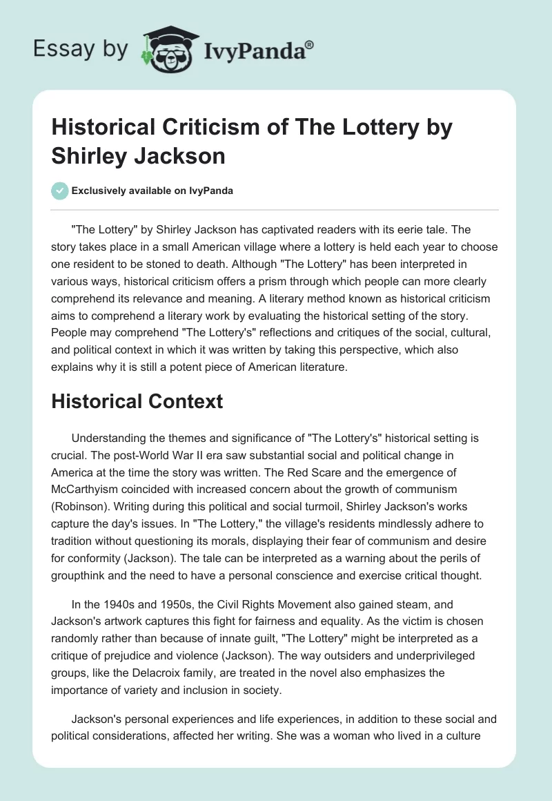 Historical Criticism of "The Lottery" by Shirley Jackson. Page 1