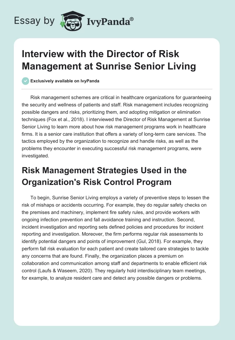 Interview with the Director of Risk Management at Sunrise Senior Living. Page 1