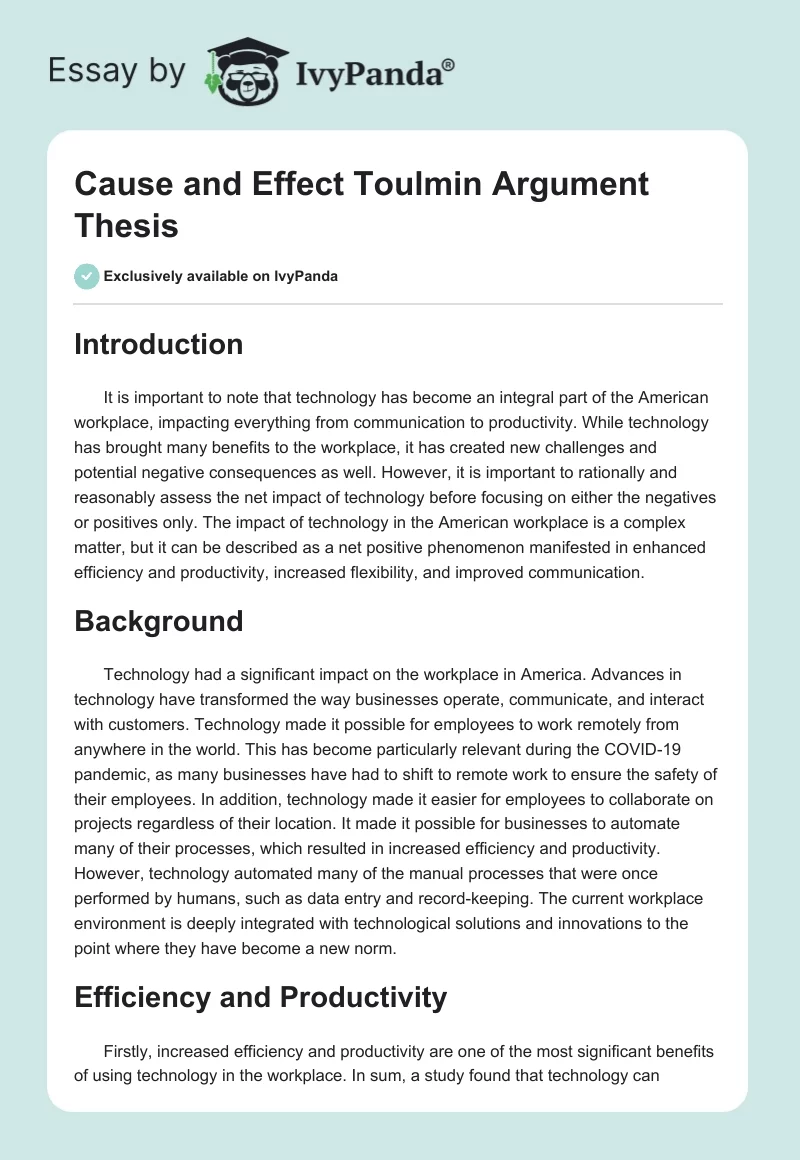 Cause and Effect Toulmin Argument Thesis. Page 1