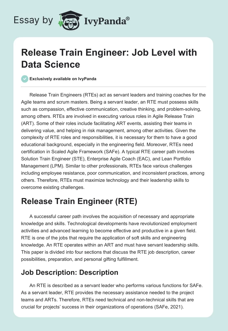 Release Train Engineer: Job Level with Data Science. Page 1