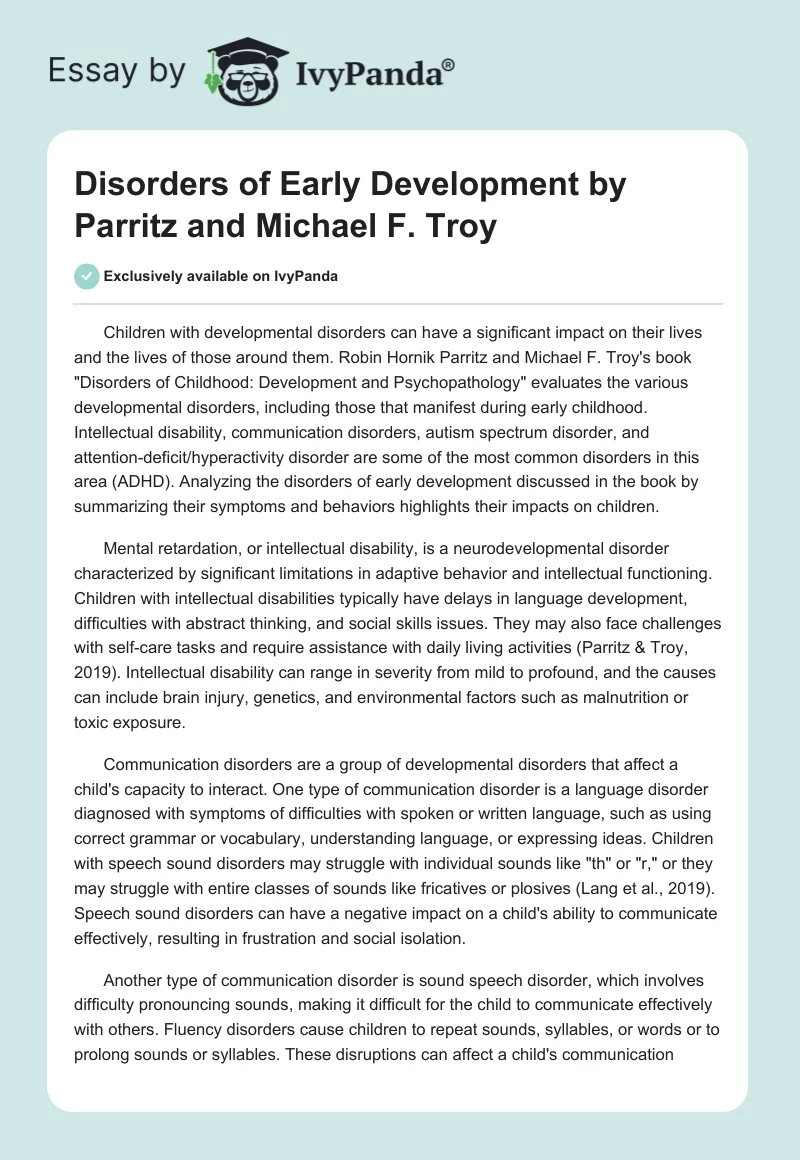 "Disorders of Early Development" by Parritz and Michael F. Troy. Page 1
