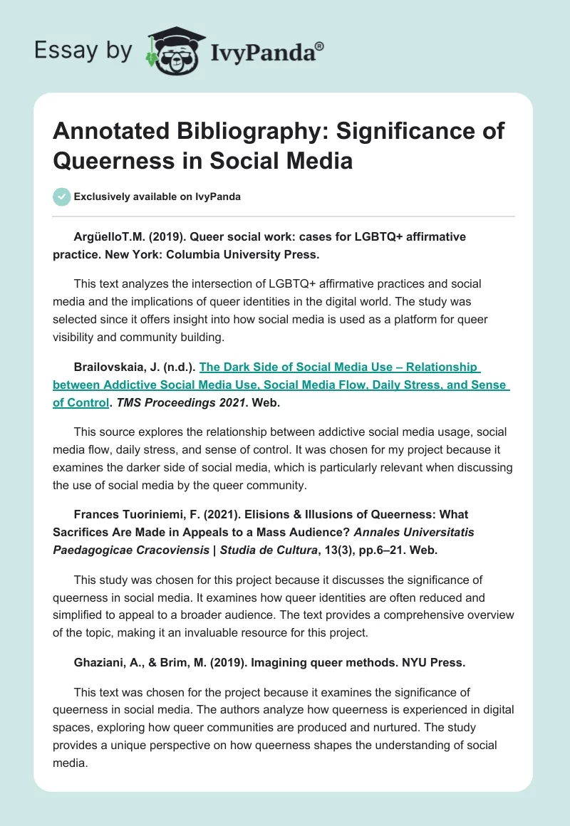Annotated Bibliography: Significance of Queerness in Social Media. Page 1