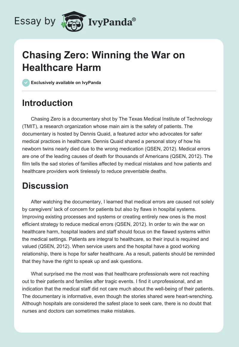 Chasing Zero: Winning the War on Healthcare Harm. Page 1